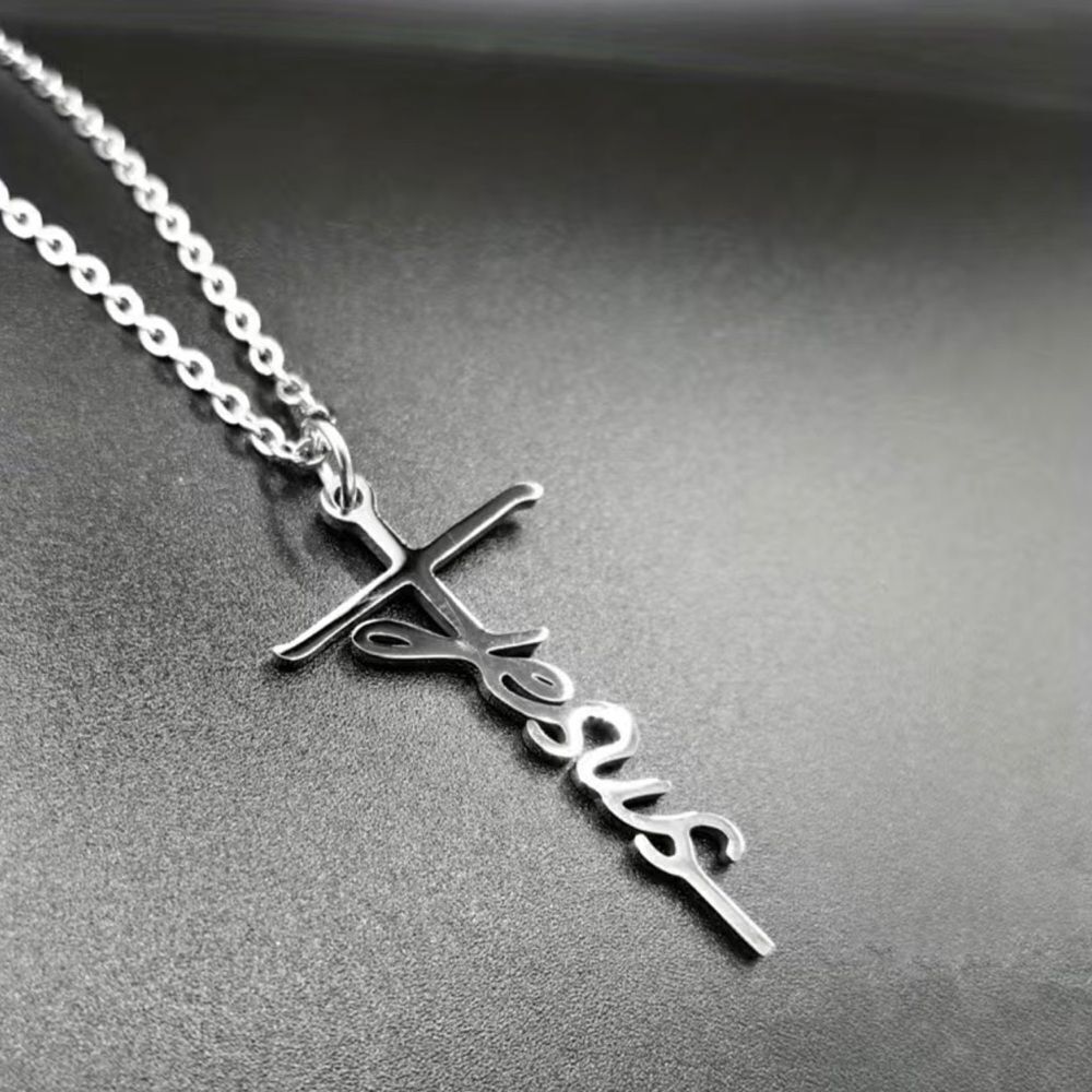 NEW - Simple Jesus with cross necklace, silver
